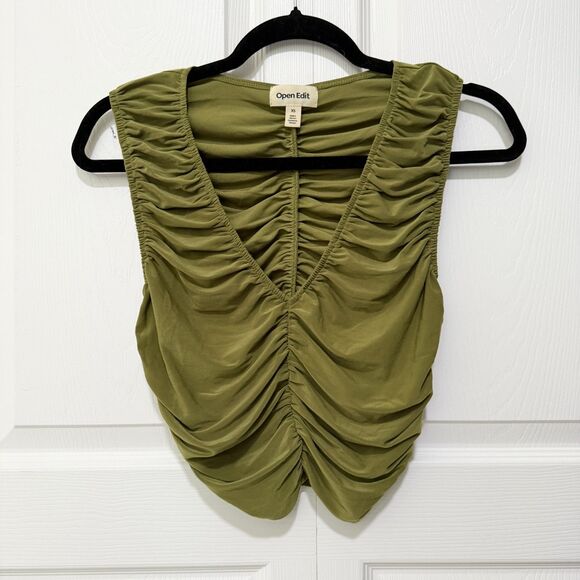 Women Open Edit Ruched Sleeveless V-neck Top In Olive Sphagnum Size Extra Small - Picture 2 of 8